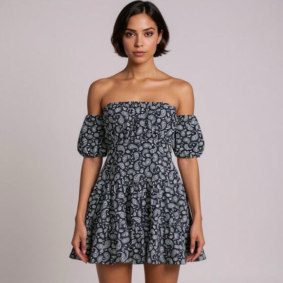 Likely Peasant Mini Dress Sz 8 Paisley Prairie Smocked Tiered Off Shoulder Navy - Picture 1 of 15